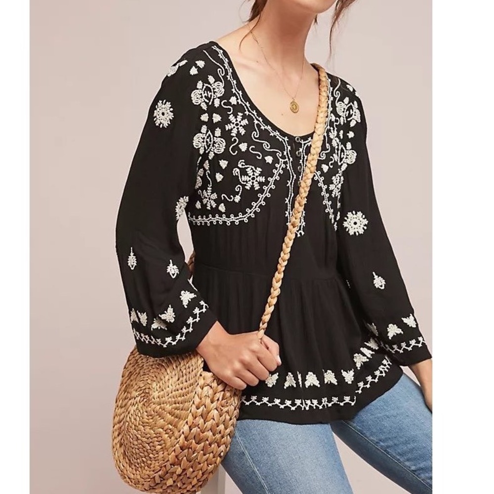 Meadow Rue Gardiner Henley Anthro Embroidered Top Women XL Boho Peasant Top